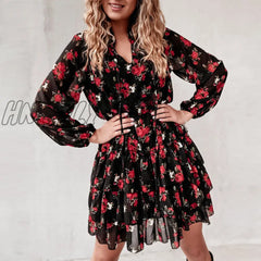 Hnewly Ladies V Neck Floral Dress Spring Flower Print Long Sleeve Lace-Up Ruffle Chiffon Women