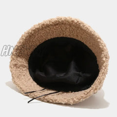 Hnewly Lamb Faux Fur Bucket Hat Winter Warm Teddy Velvet Hats Caps For Women Lady Outdoor Panama