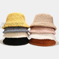 Hnewly Lamb Faux Fur Bucket Hat Winter Warm Teddy Velvet Hats Caps For Women Lady Outdoor Panama