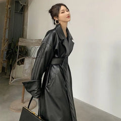 Hnewly Lautaro Long Oversized Leather Trench Coat For Women Long Sleeve Lapel Loose Fit Fall