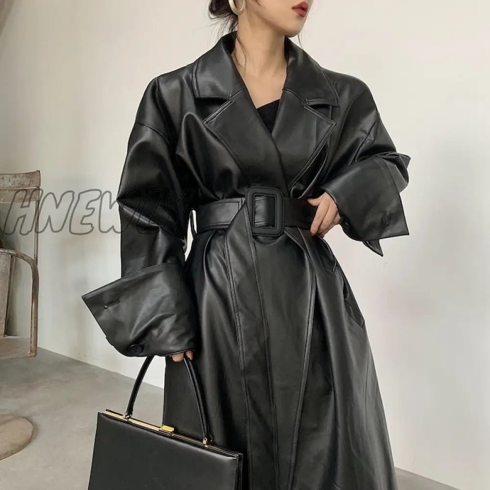 Hnewly Lautaro Long Oversized Leather Trench Coat For Women Long Sleeve Lapel Loose Fit Fall