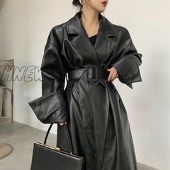Hnewly Lautaro Long Oversized Leather Trench Coat For Women Long Sleeve Lapel Loose Fit Fall