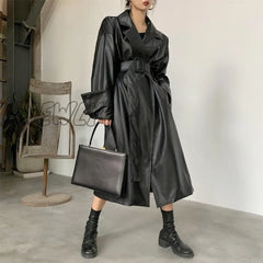 Hnewly Lautaro Long Oversized Leather Trench Coat For Women Long Sleeve Lapel Loose Fit Fall