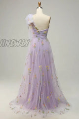 Hnewly Lavender A-Line Corset Prom Dress Embroidered Tulle Lace One Shoulder Sweetheart Wedding