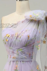 Hnewly Lavender A-Line Corset Prom Dress Embroidered Tulle Lace One Shoulder Sweetheart Wedding