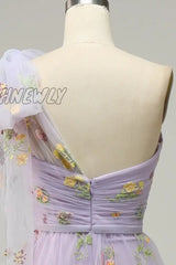 Hnewly Lavender A-Line Corset Prom Dress Embroidered Tulle Lace One Shoulder Sweetheart Wedding