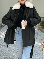 Hnewly Leather Fur Coat Winter Jacket Women New Fall Lamb Wool Warm Locomotive With Sashes Korean