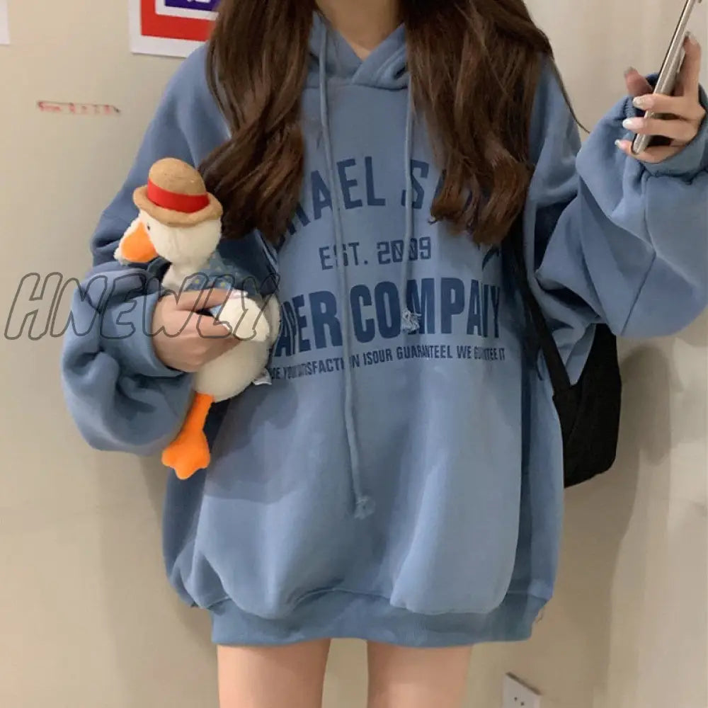 Hnewly Letter Printed Hooded Sweatshirt Women Autumn Winter Warm Korean Loose Pullovers Long Sleeve