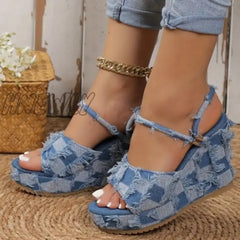 Hnewly - Light Blue Casual Patchwork Fish Mouth Out Door Wedges Shoes Shoes