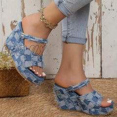 Hnewly - Light Blue Casual Patchwork Fish Mouth Out Door Wedges Shoes Shoes