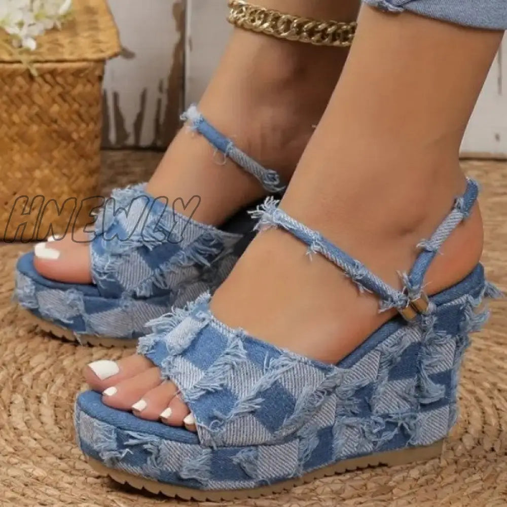 Hnewly - Light Blue Casual Patchwork Fish Mouth Out Door Wedges Shoes Shoes