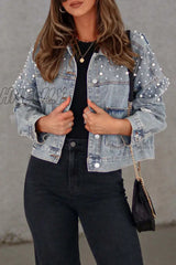 Hnewly - Light Blue Casual Solid Beading Turndown Collar Long Sleeve Denim Jacket Coats Blazer &