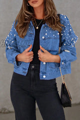 Hnewly - Light Blue Casual Solid Beading Turndown Collar Long Sleeve Denim Jacket Coats Blazer &