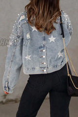 Hnewly - Light Blue Casual Solid Beading Turndown Collar Long Sleeve Denim Jacket Coats Blazer &