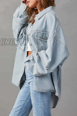 Hnewly - Light Blue Casual Solid Patchwork Turndown Collar Long Sleeve Regular Denim Jacket Coats