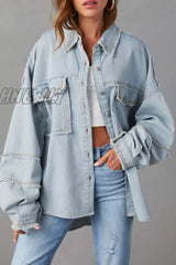 Hnewly - Light Blue Casual Solid Patchwork Turndown Collar Long Sleeve Regular Denim Jacket Coats