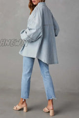 Hnewly - Light Blue Casual Solid Patchwork Turndown Collar Long Sleeve Regular Denim Jacket Coats