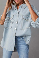 Hnewly - Light Blue Casual Solid Patchwork Turndown Collar Long Sleeve Regular Denim Jacket Coats