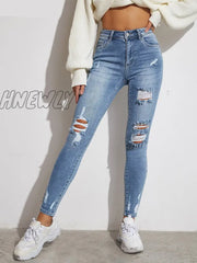 Hnewly Light Blue Sexy Skinny Women Jeans Stretch Butt Lift Ripped Hole Denim Pants Lady Clothes