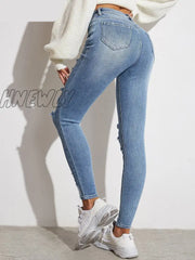 Hnewly Light Blue Sexy Skinny Women Jeans Stretch Butt Lift Ripped Hole Denim Pants Lady Clothes