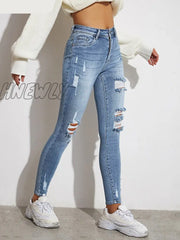 Hnewly Light Blue Sexy Skinny Women Jeans Stretch Butt Lift Ripped Hole Denim Pants Lady Clothes