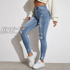 Hnewly Light Blue Sexy Skinny Women Jeans Stretch Butt Lift Ripped Hole Denim Pants Lady Clothes