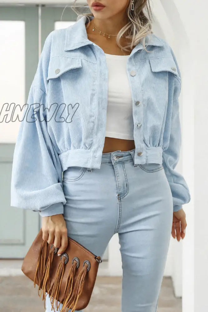 Hnewly - Light Blue Street Solid Rivets Turndown Collar Outerwear Coats Blazer & Jacket