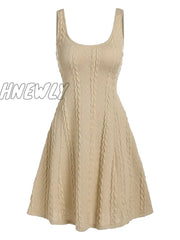 Hnewly Light Yellow Autumn Winter Fashion Long Sleeve Cable Knit Arm Mini Sweater A Line Dress For