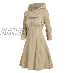 Hnewly Light Yellow Autumn Winter Fashion Long Sleeve Cable Knit Arm Mini Sweater A Line Dress For