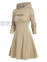 Hnewly Light Yellow Autumn Winter Fashion Long Sleeve Cable Knit Arm Mini Sweater A Line Dress For