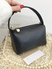 Hnewly - Litchi Embossed Faux Pearl Decor Bucket Bag Women Satchels Black Women-Satchels