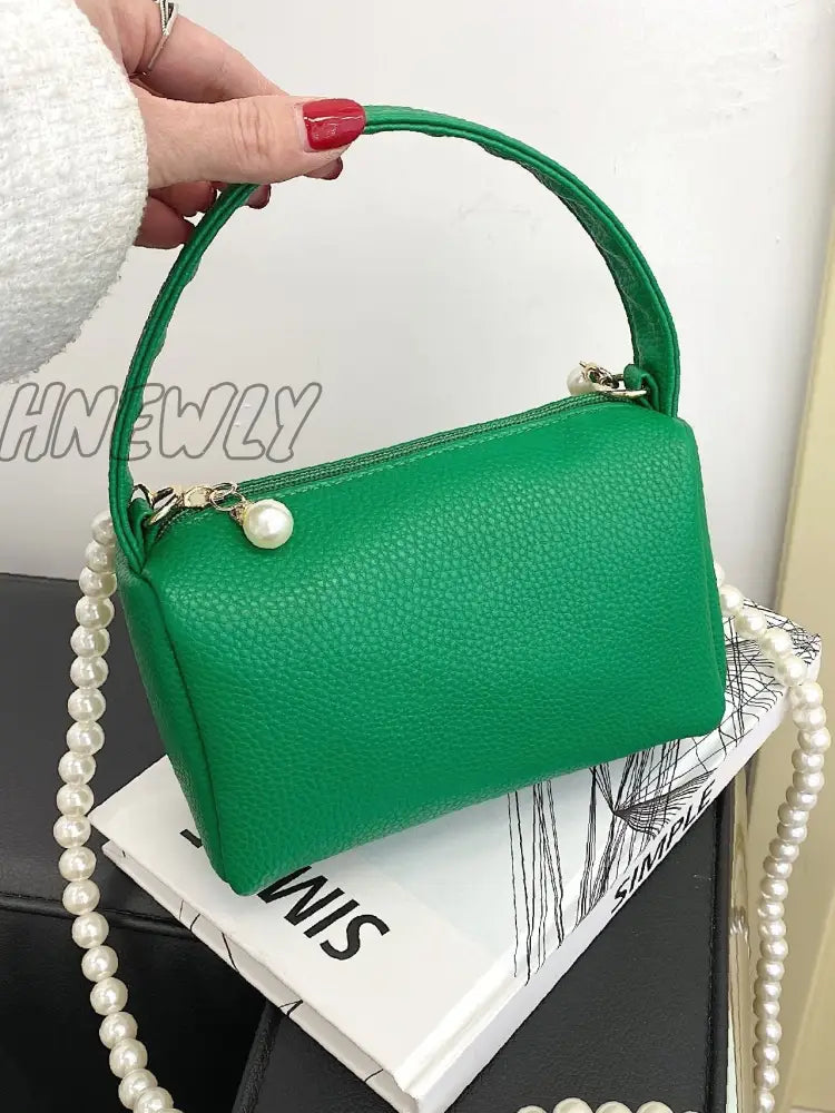 Hnewly - Litchi Embossed Faux Pearl Decor Bucket Bag Women Satchels Green Women-Satchels