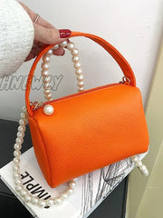 Hnewly - Litchi Embossed Faux Pearl Decor Bucket Bag Women Satchels Orange Women-Satchels