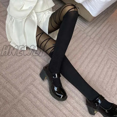 Hnewly Lolita Cross Bandage Tie Dark Black Ribbon Bow Basic Stitched Silk Socks Stockings Thigh