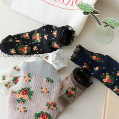 Hnewly Lolita Lace Ruffle Socks Floral Embroidery Harajuku Vintage Short Women Summer Ultra-Thin