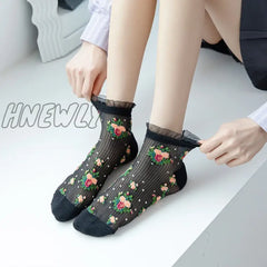 Hnewly Lolita Lace Ruffle Socks Floral Embroidery Harajuku Vintage Short Women Summer Ultra-Thin