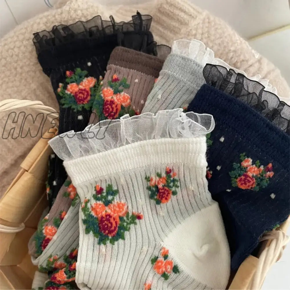 Hnewly Lolita Lace Ruffle Socks Floral Embroidery Harajuku Vintage Short Women Summer Ultra-Thin