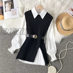 Hnewly Long Lantern Sleeve Shirt Women Knitted Vest 2 Two Piece Set Spring Autumn Womens Shirts