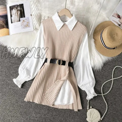 Hnewly Long Lantern Sleeve Shirt Women Knitted Vest 2 Two Piece Set Spring Autumn Womens Shirts