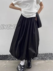 Hnewly Long Skirt Women Elegant Solid Elastic Waist A-Line Vintage Korean Fashion Loose Balloon