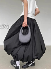 Hnewly Long Skirt Women Elegant Solid Elastic Waist A-Line Vintage Korean Fashion Loose Balloon