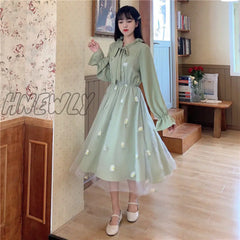 Hnewly Long Sleeve Dress Women Patchwork Bow Collar Embroidery Elegant College Trendy Causal