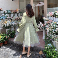 Hnewly Long Sleeve Dress Women Patchwork Bow Collar Embroidery Elegant College Trendy Causal