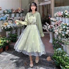 Hnewly Long Sleeve Dress Women Patchwork Bow Collar Embroidery Elegant College Trendy Causal