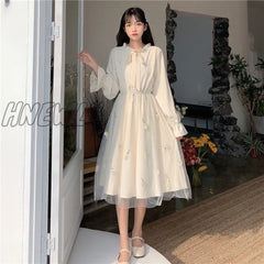 Hnewly Long Sleeve Dress Women Patchwork Bow Collar Embroidery Elegant College Trendy Causal