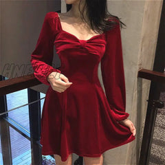 Hnewly Long Sleeve Dress Women Square - Collar Bow Elegant Backless Mini A - Line Velvet - Fabric