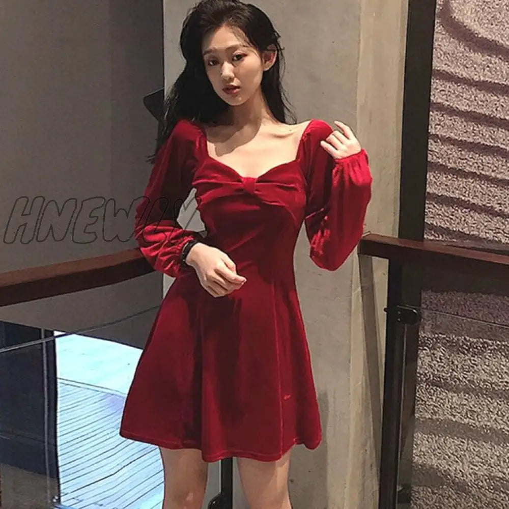 Hnewly Long Sleeve Dress Women Square - Collar Bow Elegant Backless Mini A - Line Velvet - Fabric