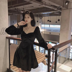 Hnewly Long Sleeve Dress Women Square - Collar Bow Elegant Backless Mini A - Line Velvet - Fabric