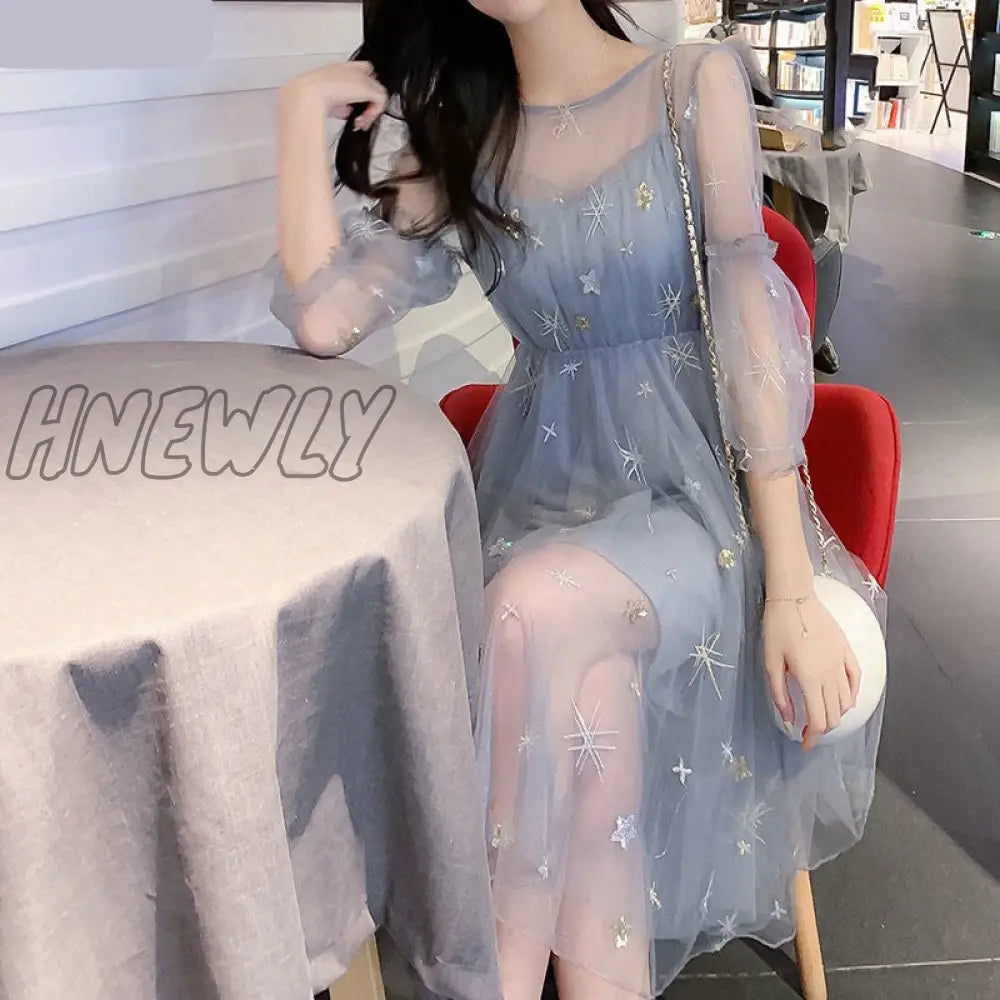 Hnewly Long Sleeve Dresses Women Holiday Summer Elegant Gauze Ankle-Length Sweet Fashion Korean