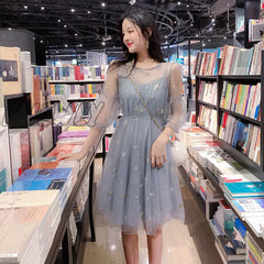 Hnewly Long Sleeve Dresses Women Holiday Summer Elegant Gauze Ankle-Length Sweet Fashion Korean